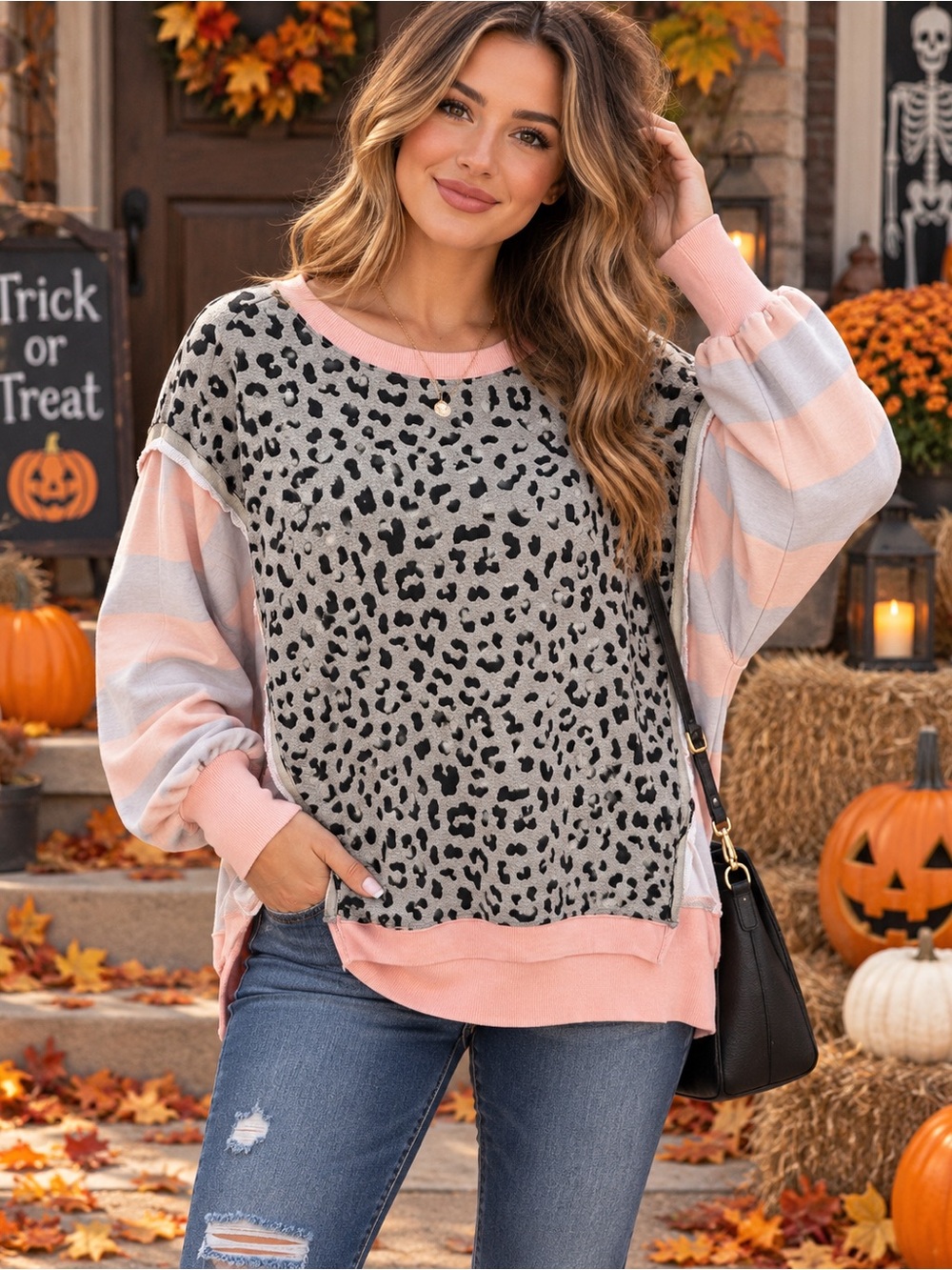 BiBi Neon Orange & Gray Leopard-Print Pullover Top